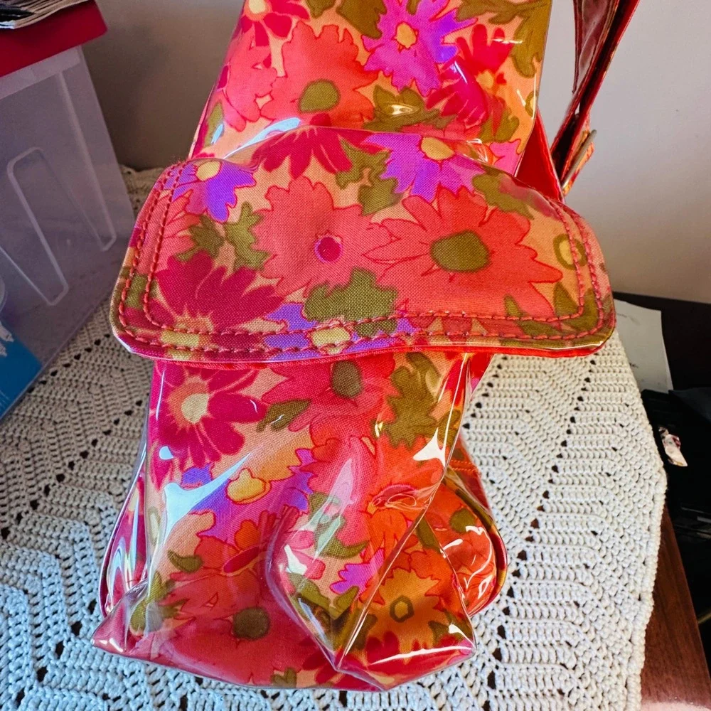 Floral Vinyl‎ Diaper Bag Set Messenger Pouch Changing Pad Pink Orange Retro 4pc